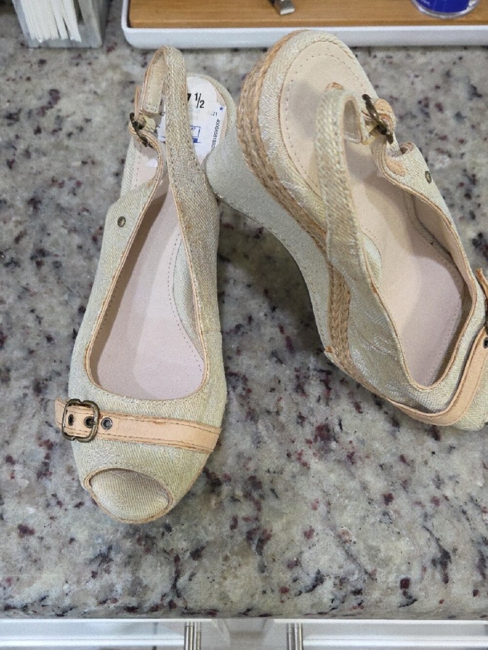 UGG Women's Neutral Canvas Wedge Slingbacks with Tan Trim - Picture 2 of 10